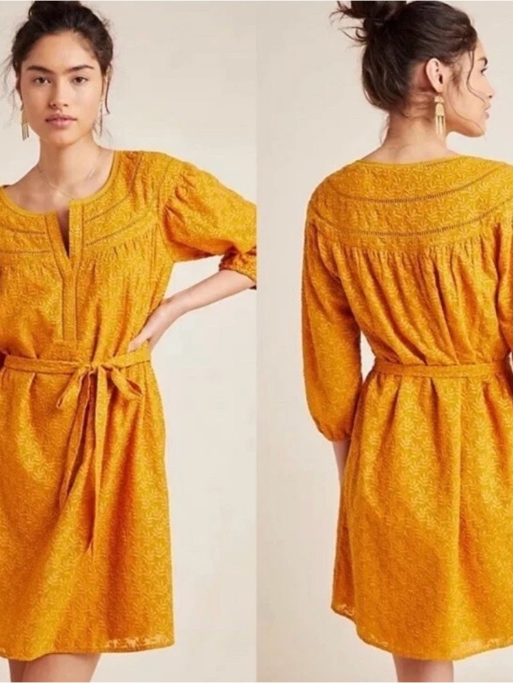 Daniel Rainn Textured Mustard Yellow Belted Midi Dress